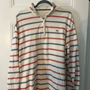 Vineyard Vines Cream Zip-Up Sweater with Red & Navy Stripes
